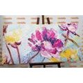 WANDBILD MALEREI MIT LILA UND GELBEN BLUMEN - BILDER BLUMEN - BILDER