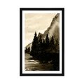 POSTER MIT PASSEPARTOUT GEMALTE WINTERLANDSCHAFT IN SEPIA - SCHWARZ-WEISS - POSTER