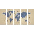 5-PIECE CANVAS PRINT WORLD MAP WITH A COMPASS IN RETRO STYLE - PICTURES OF MAPS - PICTURES
