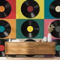 FOTOTAPETE RETRO-VINYLPLATTEN AUF BUNTEM HINTERGRUND - MUSIK FOTOTAPETEN - TAPETEN