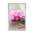 POSTER WITH MOUNT ORCHID AND ZEN STONES ON A WOODEN BACKGROUND - FLOWERS - POSTERS