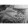 CANVAS PRINT ROSE AND A HEART IN VINTAGE BLACK AND WHITE - BLACK AND WHITE PICTURES - PICTURES