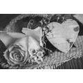 CANVAS PRINT ROSE AND A HEART IN JUTE IN BLACK AND WHITE - BLACK AND WHITE PICTURES - PICTURES