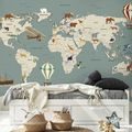 SAMOLEPÍCÍ TAPETA ILUSTROVANÁ MAPA SVĚTA SE ZVÍŘATY - DĚTSKÉ TAPETY - TAPETY