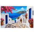 TABLEAU SUR TOILE – RUELLE EN BORD DE MER AUX FLEURS ROSES - TABLEAUX DE LA MER ET DE LA PLAGE - TABLEAUX