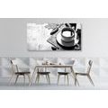 WANDBILD TASSE KAFFEE MIT HERBSTLICHEM TOUCH IN SCHWARZ-WEISS - SCHWARZ-WEISSE BILDER - BILDER