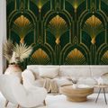 ZELFKLEVEND FOTOBEHANG GOUDEN ART-DECO WAAIERS OP GROEN - FOTOBEHANG MET PATRONEN - FOTOBEHANG