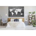 DECORATIVE PINBOARD BLACK AND WHITE WORLD MAP WITH A WOODEN BACKGROUND - PICTURES ON CORK - PICTURES