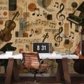 TAPET AUTOADEZIV INSTRUMENTE MUZICALE RETRO PE FUNDAL PORTOCALIU - FOTOTAPETE MUZICALE - TAPETURI