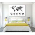 CANVAS PRINT GLOBES WITH A WORLD MAP IN BLACK AND WHITE - PICTURES OF MAPS - PICTURES