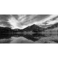 CANVAS PRINT LAKE UNDER THE HILLS IN BLACK AND WHITE - BLACK AND WHITE PICTURES - PICTURES