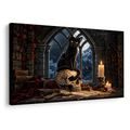 WANDBILD SCHWARZE KATZE AUF EINEM SCHÄDEL - HALLOWEEN- UND HORROR-BILDER - BILDER