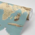 TAPETE GEMALTE WELTKARTE IN BLAU-BEIGE - WELTKARTEN-TAPETEN - TAPETEN