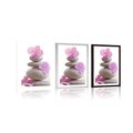 POSTER WITH MOUNT BALANCING STONES AND PINK ORIENTAL FLOWERS - FENG SHUI - POSTERS