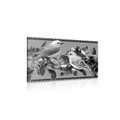 CANVAS PRINT BLACK AND WHITE BIRDS AND FLOWERS IN A VINTAGE DESIGN - BLACK AND WHITE PICTURES - PICTURES