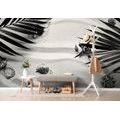 WALL MURAL BLACK AND WHITE SEASHELLS UNDER PALM LEAVES - BLACK AND WHITE WALLPAPERS - WALLPAPERS