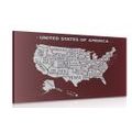CANVAS PRINT EDUCATIONAL MAP OF THE USA WITH A BURGUNDY BACKGROUND - PICTURES OF MAPS - PICTURES