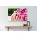 CANVAS PRINT PEONIES WITH THE INSCRIPTION LOVE - PICTURES WITH INSCRIPTIONS AND QUOTES - PICTURES