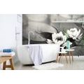 SELF ADHESIVE WALL MURAL BLACK AND WHITE LOTUS FLOWER IN THE LAKE - SELF-ADHESIVE WALLPAPERS - WALLPAPERS