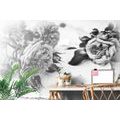 WALL MURAL BLACK AND WHITE ROSES IN BLOOM - BLACK AND WHITE WALLPAPERS - WALLPAPERS