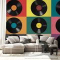 FOTOTAPETE RETRO-VINYLPLATTEN AUF BUNTEM HINTERGRUND - MUSIK FOTOTAPETEN - TAPETEN