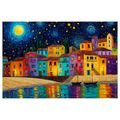 OBRAZ BAREVNÁ NOC NAD MĚSTEM - BAREVNÉ DOMY - OBRAZY