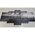 5-PIECE CANVAS PRINT SUNSET ON A BEACH IN BLACK AND WHITE - BLACK AND WHITE PICTURES - PICTURES