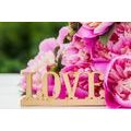 CANVAS PRINT PEONIES WITH THE INSCRIPTION LOVE - PICTURES WITH INSCRIPTIONS AND QUOTES - PICTURES