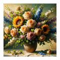 TABLEAU SUR TOILE – BOUQUET DE ROSES ET TOURNESOLS - TABLEAUX DE FLEURS - TABLEAUX