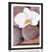 PLAKAT Z PASSE-PARTOUT KAMIENIE WELLNESS I ORCHIDEA NA DREWNIANYM TLE - FENG SHUI - PLAKATY