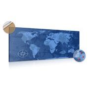 DECORATIVE PINBOARD RUSTIC WORLD MAP IN BLUE - PICTURES ON CORK - PICTURES