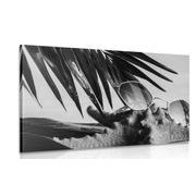 Canvas print sunglasses on a seashell in black and white