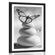 Plakát s paspartou rovnováha kamenů a motýl v černobílém provedení
