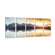 QUADRO IN 5 PARTI ABBAGLIANTE TRAMONTO SU UN LAGO DI MONTAGNA - QUADRI DI NATURA E PAESAGGIO - QUADRI