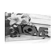 Picture with wooden inscription Love in black & white