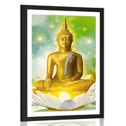 POSTER WITH MOUNT GOLDEN BUDDHA ON A LOTUS FLOWER - FENG SHUI - POSTERS