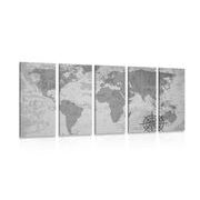 5-PIECE CANVAS PRINT OLD WORLD MAP WITH A COMPASS IN BLACK AND WHITE - PICTURES OF MAPS - PICTURES