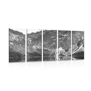 5 part picture Morske Oko in the Tatras in black & white