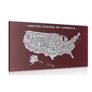 Picture educational map of USA with burgundy background