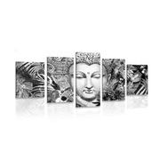 5-TEILIGES WANDBILD BUDDHA AUF EXOTISCHEM HINTERGRUND IN SCHWARZ-WEISS - SCHWARZ-WEISSE BILDER - BILDER