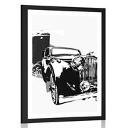 Plakat s paspartujem črnobel retro avto z abstrakcijo