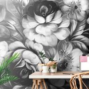 Samoljepljiva tapeta cvijeće u crno-bijelom dizajnu