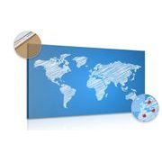 Picture of a cork hatched world map on a blue background