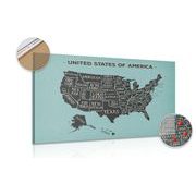 Picture on cork educational map of USA with blue background