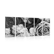 5-teiliges Wandbild Blumenstrauß aus Rosen im Retro-Stil in Schwarz-Weiß