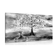 Wandbild Reiher unter einem magischen Baum in Schwarz-Weiß