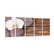 5 part picture wellness stone and orchid on wooden background