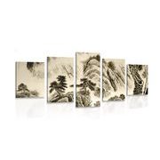 Tablou 5-piese pictura peisagistică chineză în design sepia