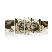 5-piece Canvas print charming combination of flowers and leaves in sepia design