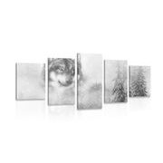 5-TEILIGES WANDBILD WOLF IN VERSCHNEITER LANDSCHAFT IN SCHWARZ-WEISS - SCHWARZ-WEISSE BILDER - BILDER